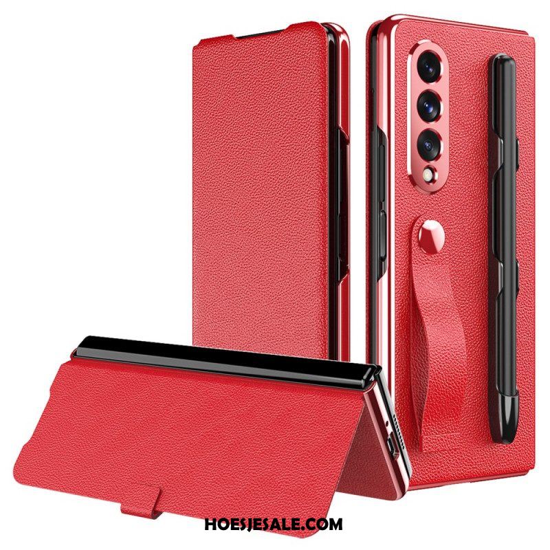 Bescherming Hoesje voor Samsung Galaxy Z Fold 3 5G Folio-hoesje Stijl Litchi Lederen Stylushouder En Riem