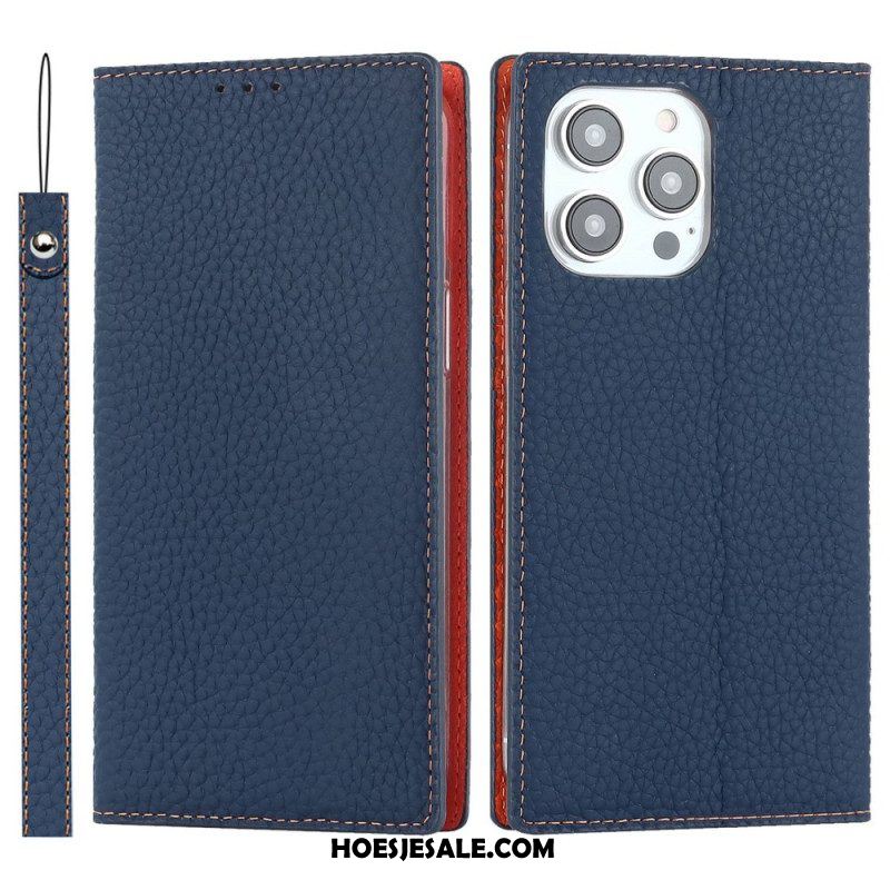 Bescherming Hoesje voor iPhone 14 Pro Met Ketting Folio-hoesje Echte Litchi Lederen Band