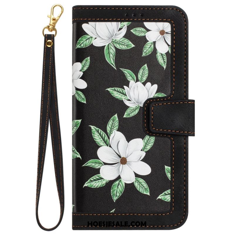 Flip Case Leren Samsung Galaxy S24 5g Artistiek Bloemmotief Met Riempje