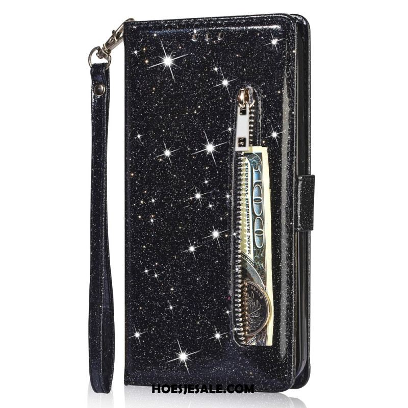 Flip Case Leren Samsung Galaxy Z Fold 5 Glittertasje Met Riempje