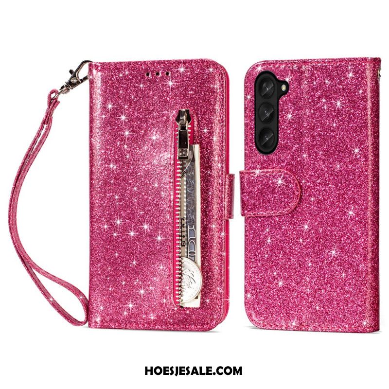 Flip Case Leren Samsung Galaxy Z Fold 5 Glittertasje Met Riempje