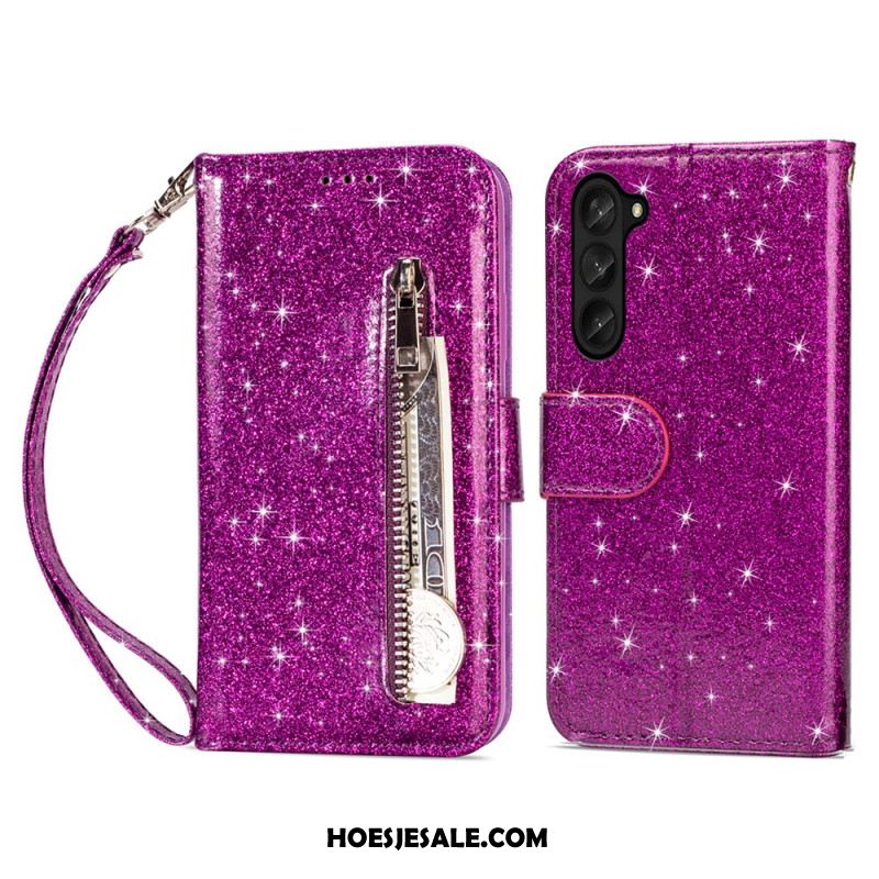 Flip Case Leren Samsung Galaxy Z Fold 5 Glittertasje Met Riempje