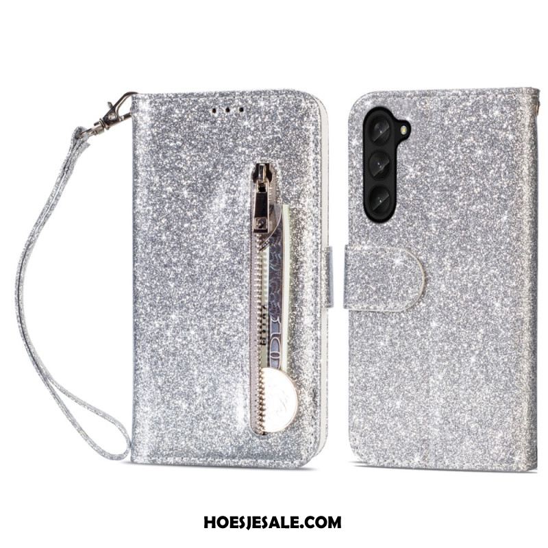 Flip Case Leren Samsung Galaxy Z Fold 5 Glittertasje Met Riempje