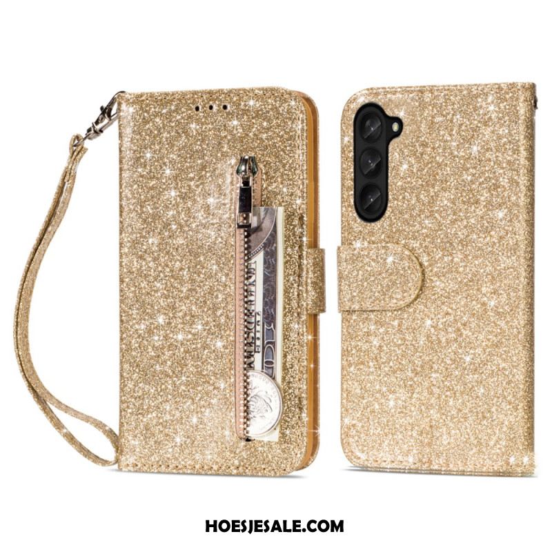 Flip Case Leren Samsung Galaxy Z Fold 5 Glittertasje Met Riempje