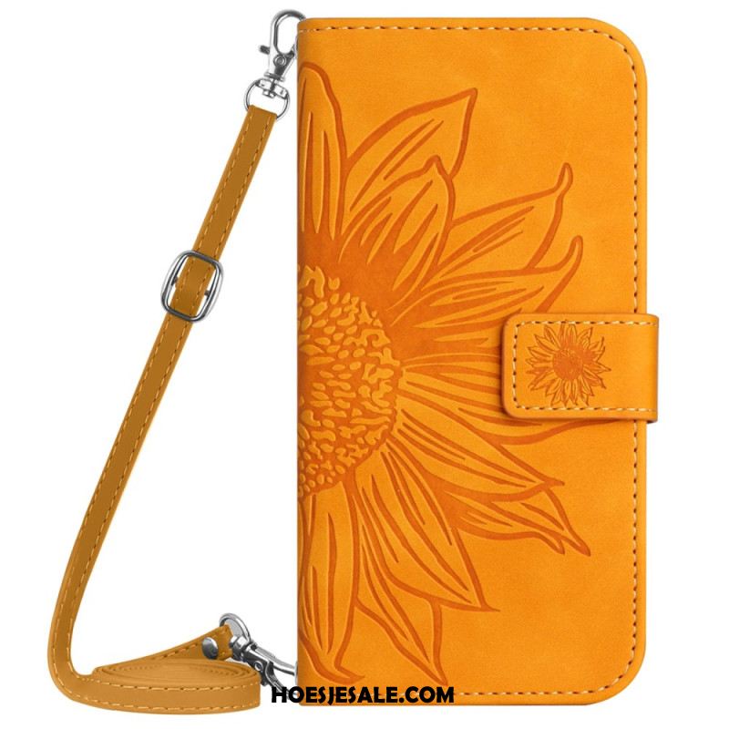 Flip Case Leren Sony Xperia 10 Vi Zonnebloem Schouderband