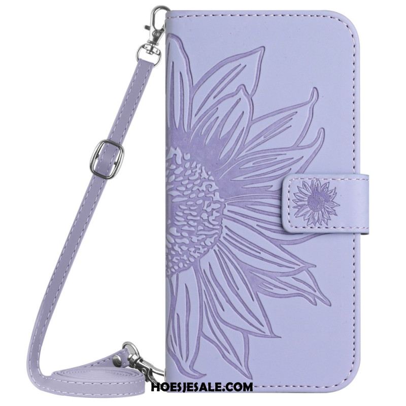 Flip Case Leren Sony Xperia 10 Vi Zonnebloem Schouderband