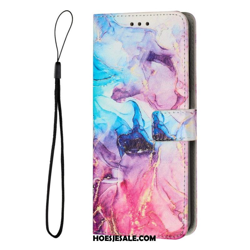 Folio-hoesje voor Samsung Galaxy A14 / A14 5G Met Ketting Marmer Strippen