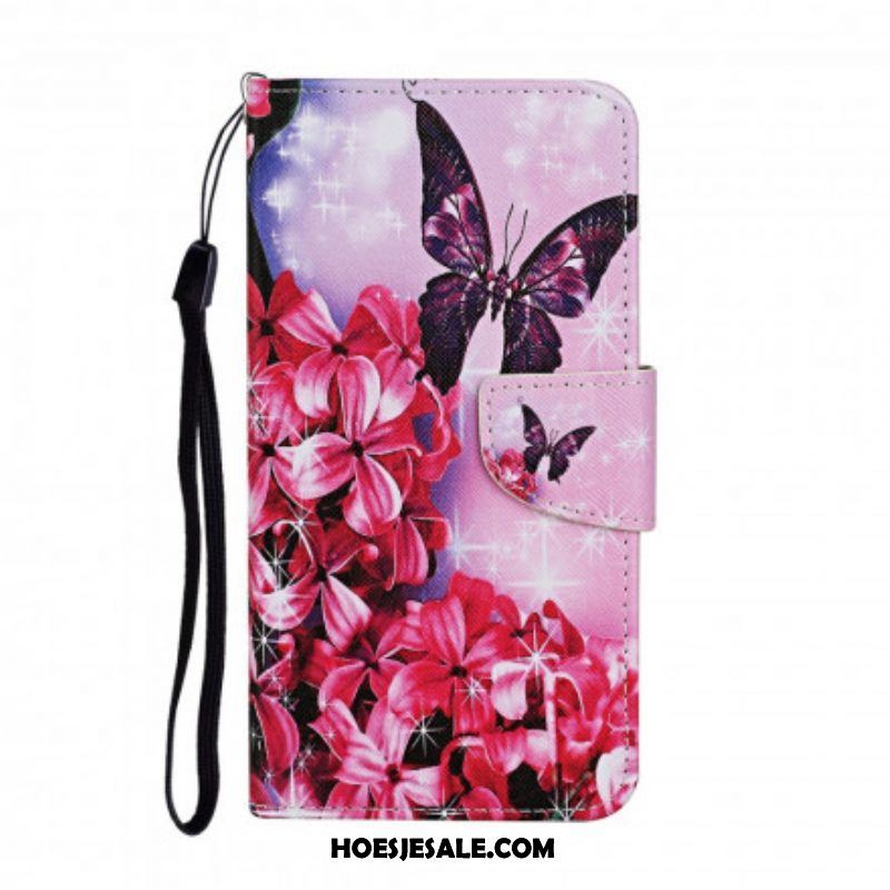 Folio-hoesje voor Samsung Galaxy A52 4G / A52 5G / A52s 5G Vlinders Floral Lanyard