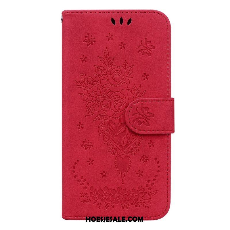 Folio-hoesje voor Samsung Galaxy S23 Ultra 5G Met Ketting Strappy Rozen En Vlinders