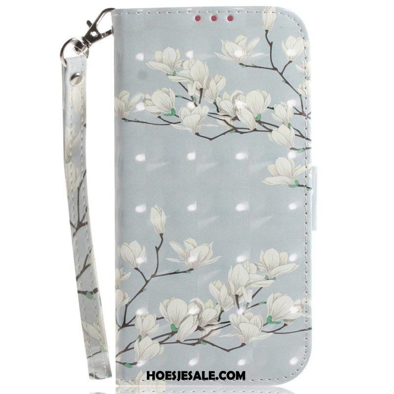 Folio-hoesje voor Samsung Galaxy S23 Ultra 5G Met Ketting Witte Bloemen Met Bandjes