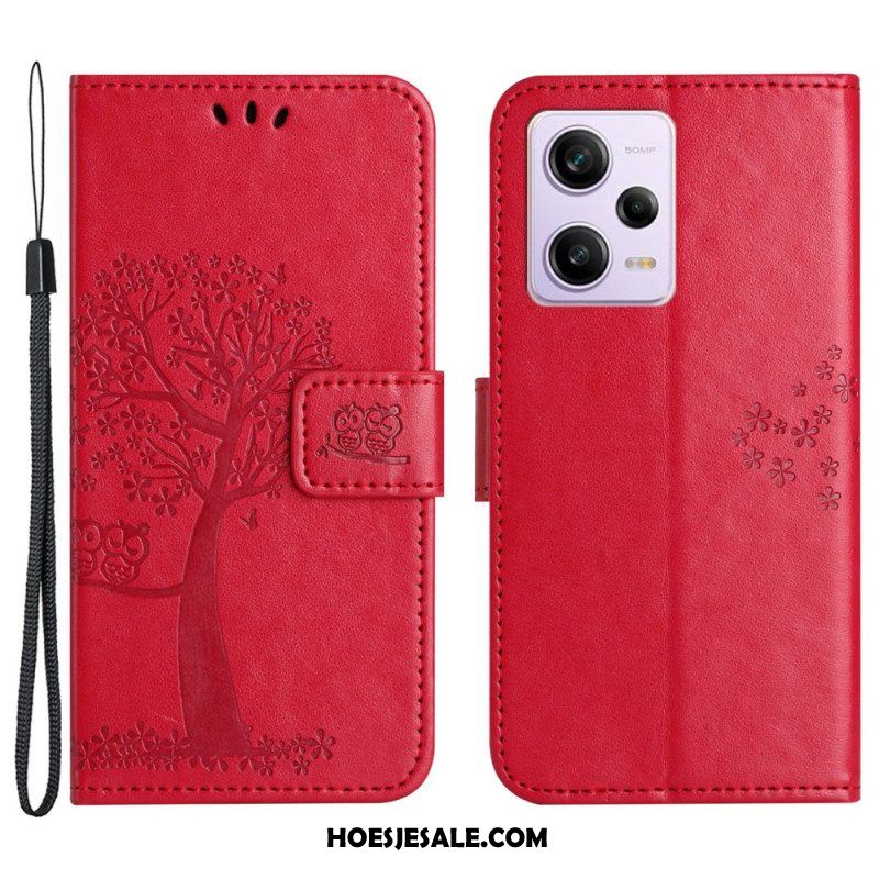 Folio-hoesje voor Xiaomi Redmi Note 12 5G Met Ketting String Boom En Uilen