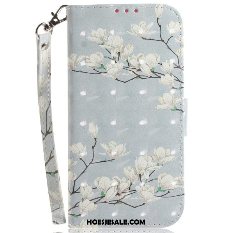 Folio-hoesje voor Xiaomi Redmi Note 12 5G Met Ketting Witte Bloemen Met Bandjes