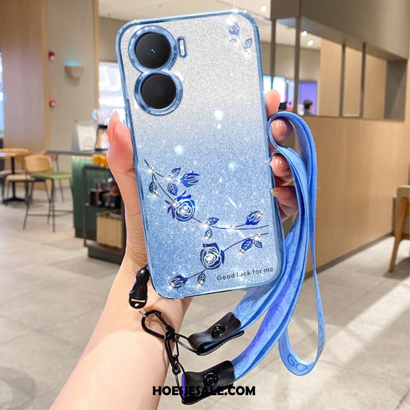 Hoesje Huawei Nova 12 Se Bloemen En Strasssteentjes Met Riempje Bescherming Hoesje