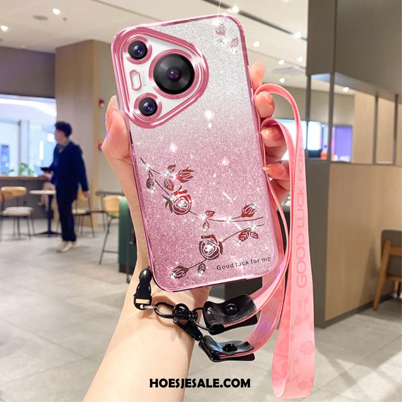 Hoesje Huawei Pura 70 Pro Bloemen En Strasssteentjes Met Koord