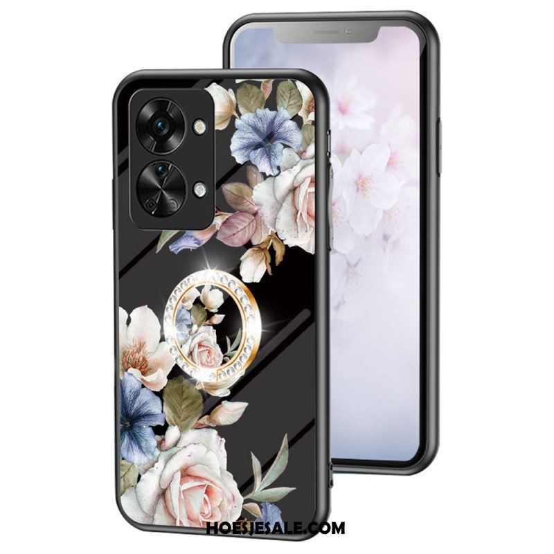 Hoesje voor OnePlus Nord 2T 5G Gehard Glas Bloemen Ring Diamanten