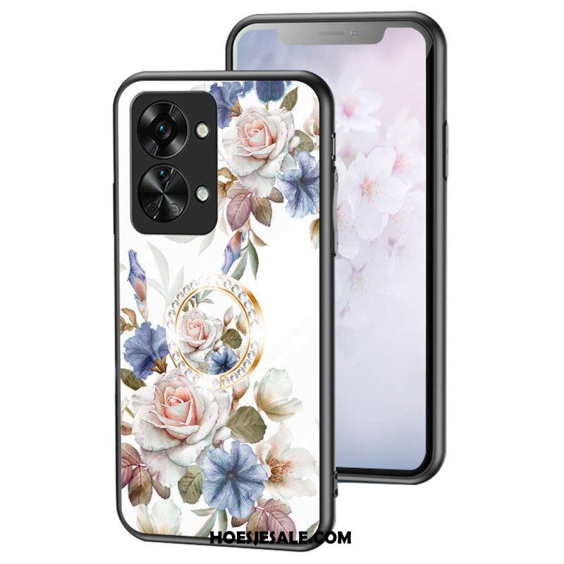 Hoesje voor OnePlus Nord 2T 5G Gehard Glas Bloemen Ring Diamanten