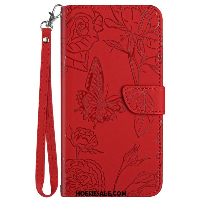 Leren Hoesje Oneplus 12r Lanyard Vlinders Bescherming Hoesje