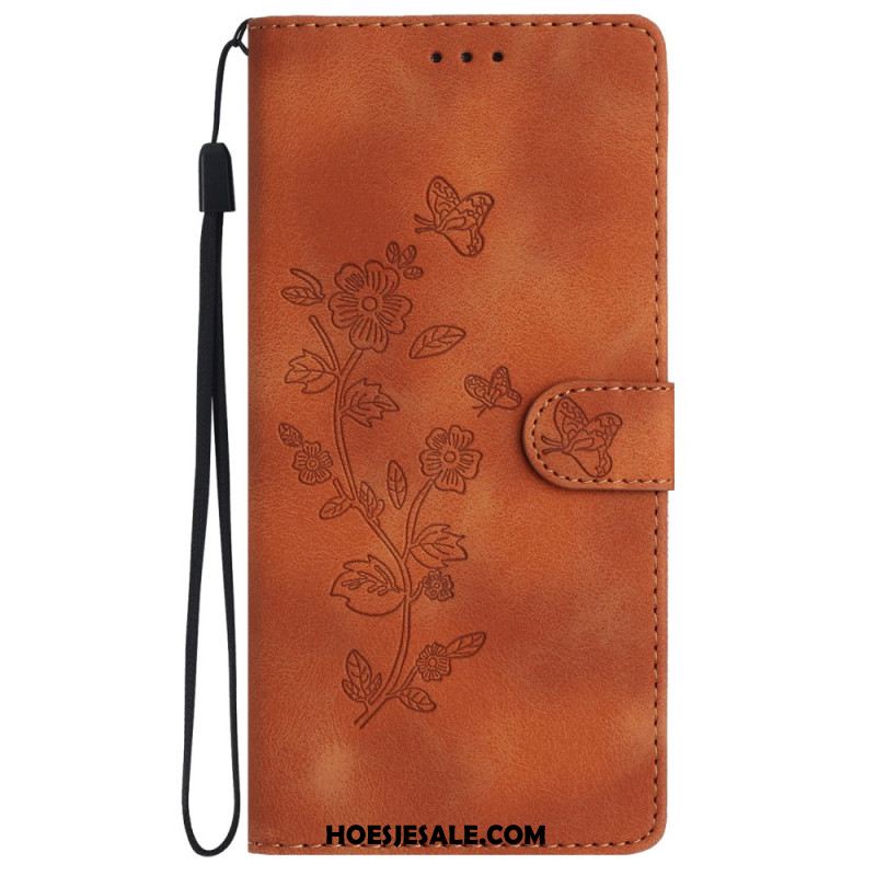 Leren Hoesje Samsung Galaxy S24 5g Discreet Bloemenpatroon Met Riempje Bescherming Hoesje