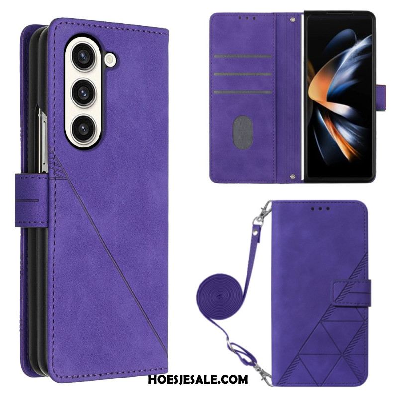 Leren Hoesje Samsung Galaxy Z Fold 5 Driehoekenpatroon Met Schouderband Bescherming Hoesje