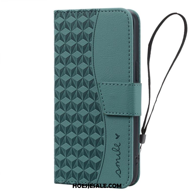 Leren Hoesje Voor iPhone 16 Plus Horizontale Diamantfries Met Riem