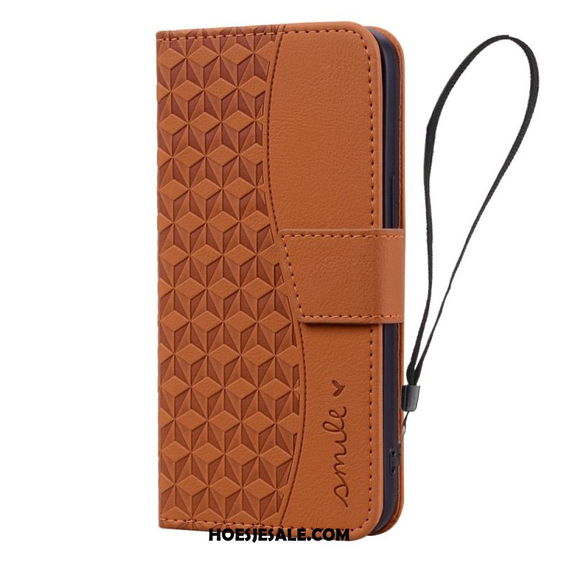 Leren Hoesje Voor iPhone 16 Plus Horizontale Diamantfries Met Riem