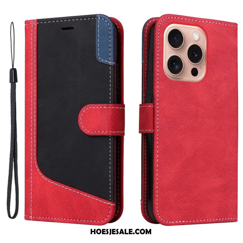 Leren Hoesje Voor iPhone 16 Pro Driekleur Met Riem