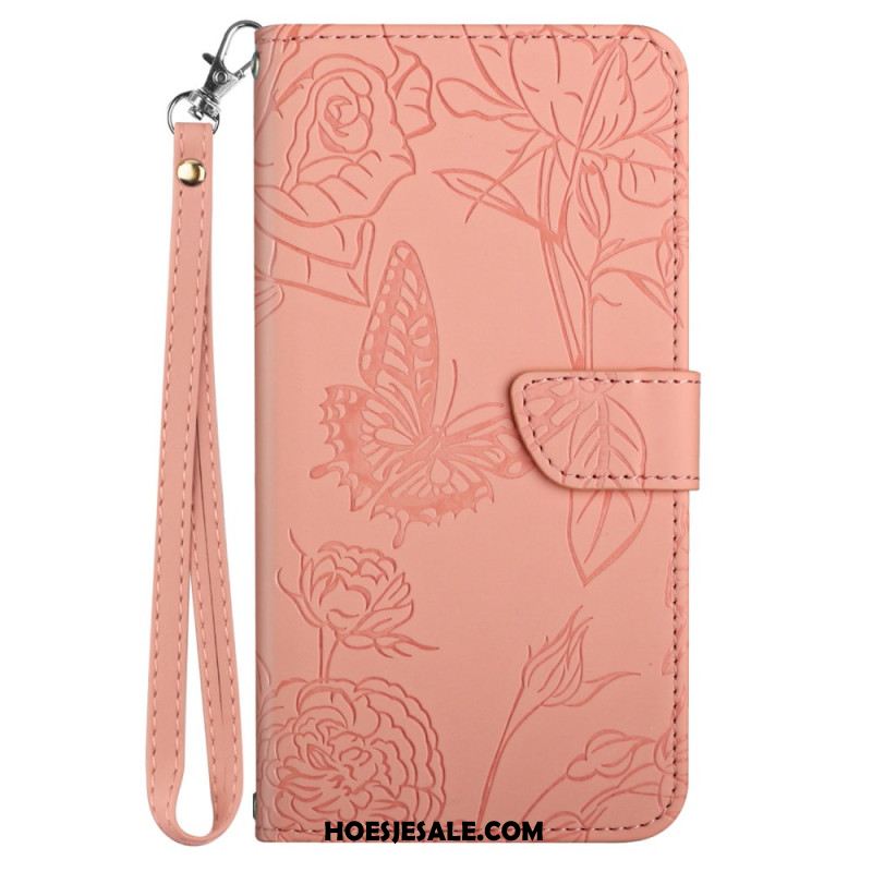 Leren Hoesje Voor iPhone 16 Vlinderprint Met Bandje