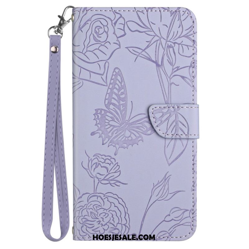 Leren Hoesje Voor iPhone 16 Vlinderprint Met Bandje