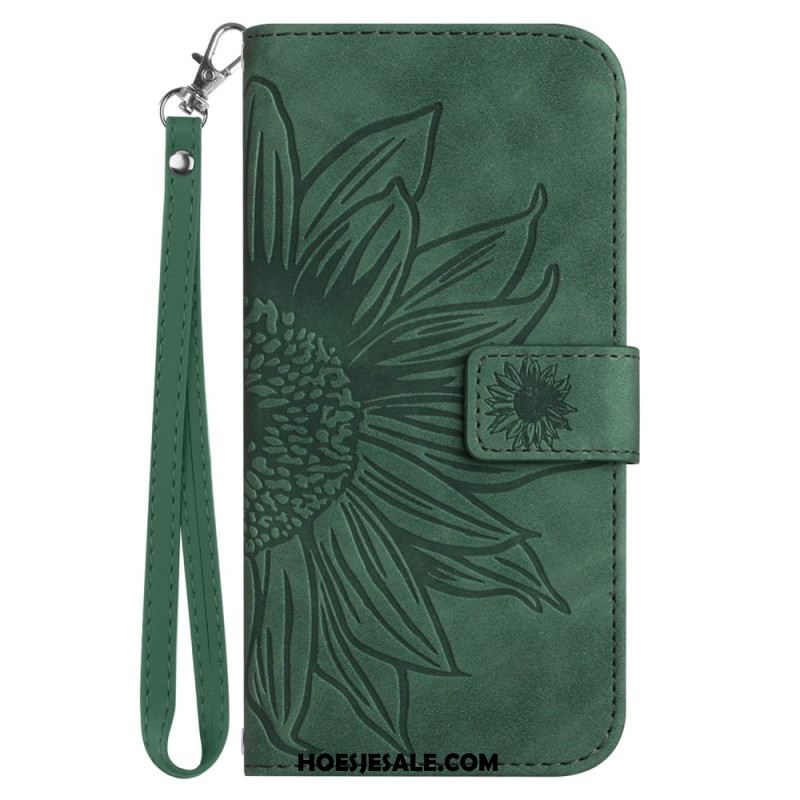 Leren Hoesje Voor iPhone 16 Zonnebloemprint Met Riempje