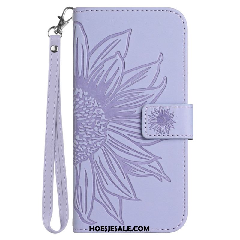 Leren Hoesje Voor iPhone 16 Zonnebloemprint Met Riempje