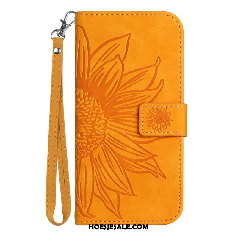 Leren Hoesje Xiaomi 14 Zonnebloem Met Riempje Bescherming Hoesje