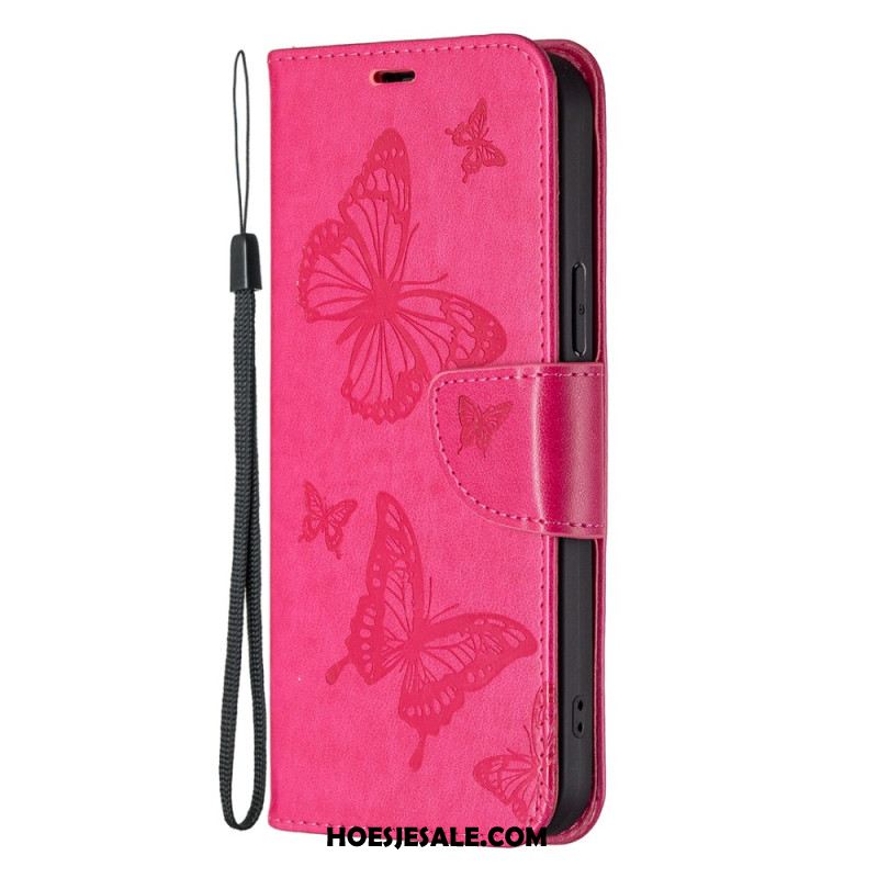 Leren Hoesje iPhone 16 Lanyard Vlinders