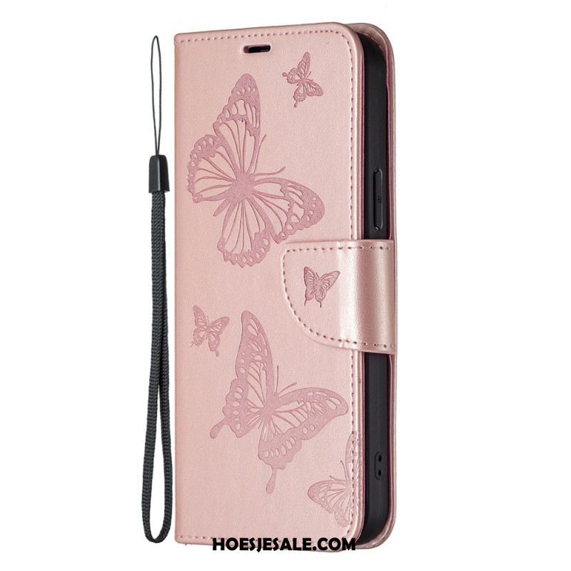 Leren Hoesje iPhone 16 Lanyard Vlinders