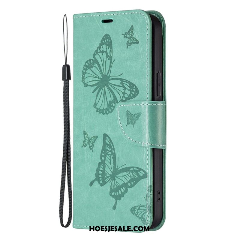 Leren Hoesje iPhone 16 Lanyard Vlinders