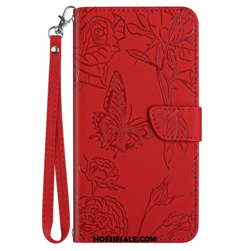 Leren Hoesje iPhone 16 Plus Vlinderprint Met Bandje Bescherming Hoesje