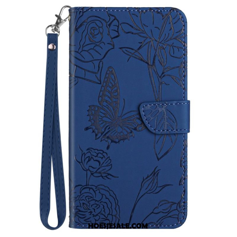 Leren Hoesje iPhone 16 Plus Vlinderprint Met Bandje Bescherming Hoesje