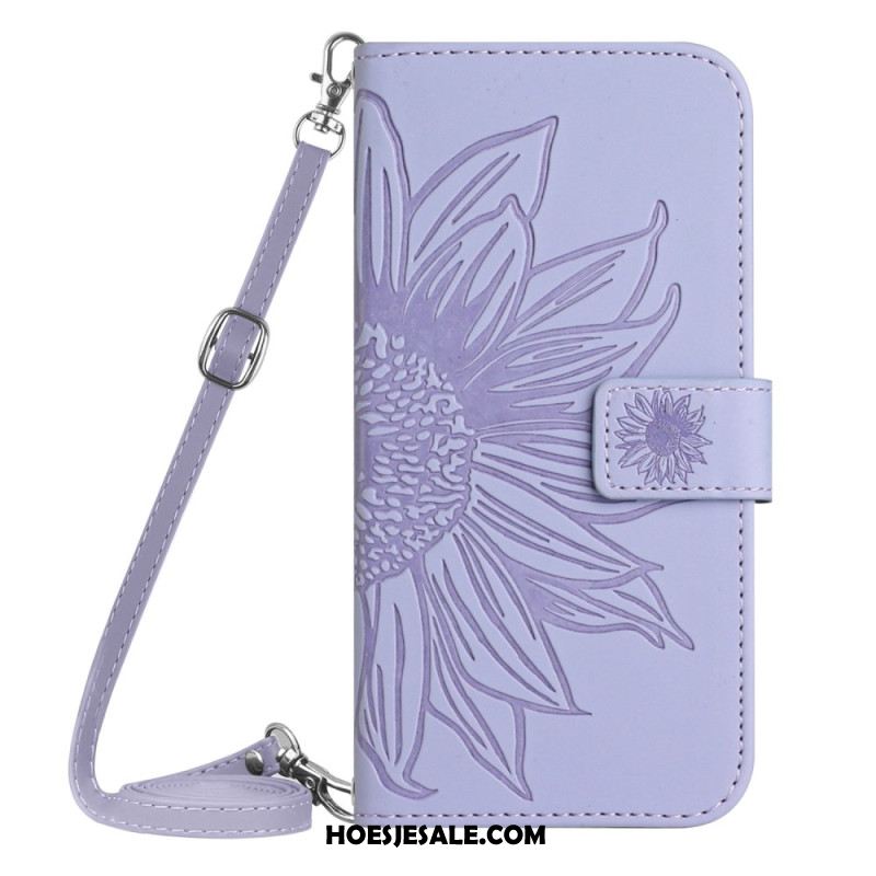 Leren Hoesje iPhone 16 Plus Zonnebloemprint Met Schouderband