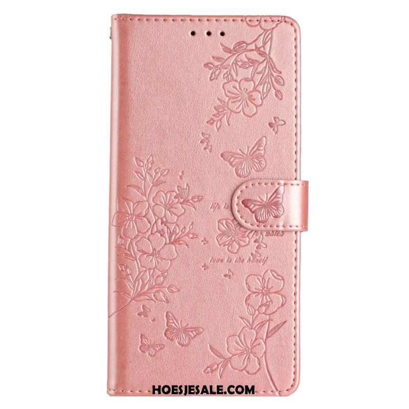 Leren Hoesje iPhone 16 Pro Max Bloemen En Vlinders Bescherming Hoesje