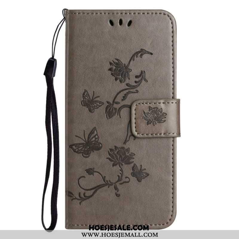 Leren Hoesje iPhone 16 Pro Max Vlinders En Bloemen Bescherming Hoesje