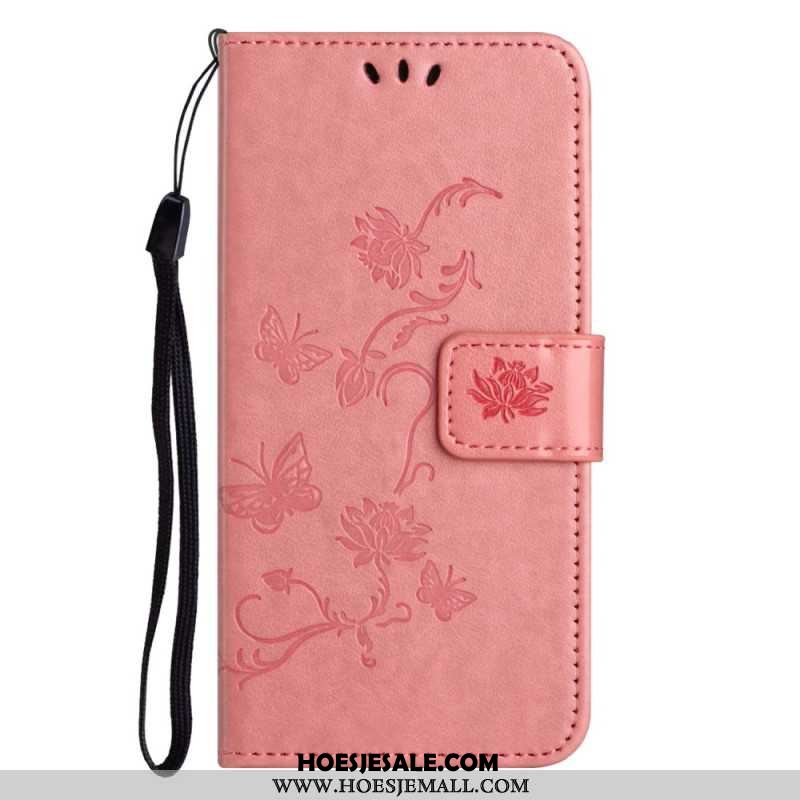 Leren Hoesje iPhone 16 Pro Max Vlinders En Bloemen Bescherming Hoesje