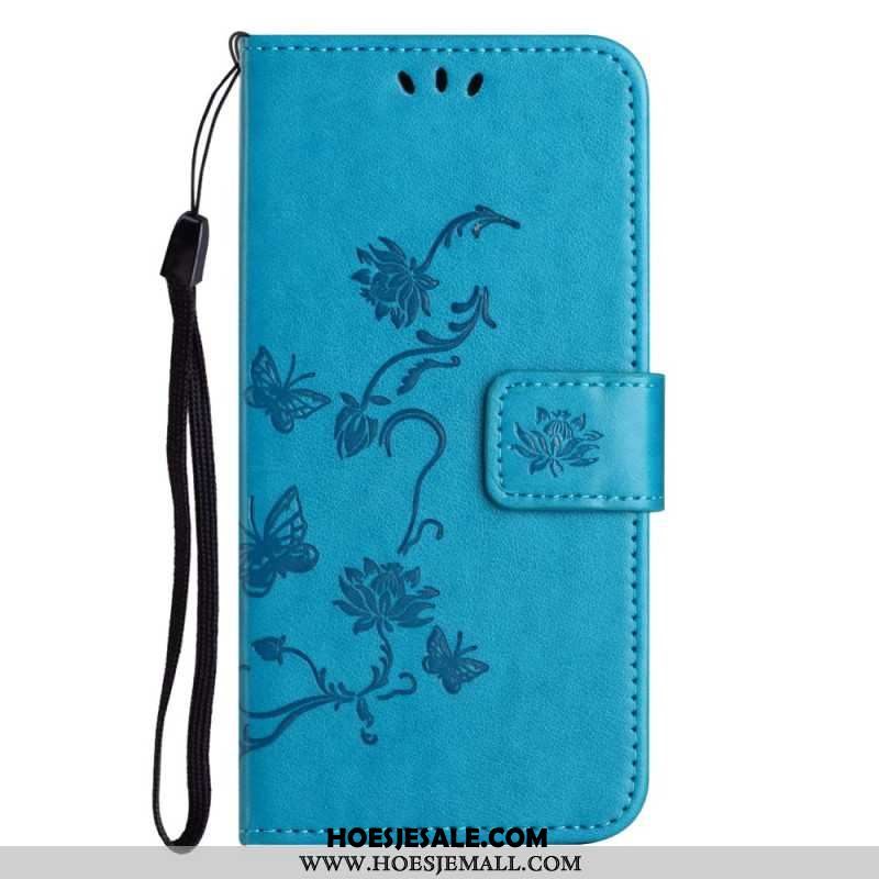 Leren Hoesje iPhone 16 Pro Max Vlinders En Bloemen Bescherming Hoesje