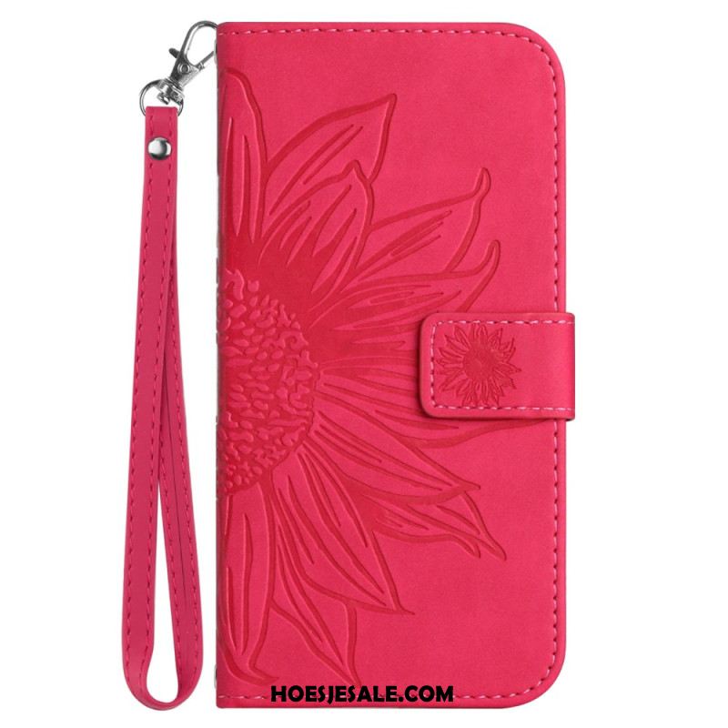 Leren Hoesje iPhone 16 Pro Zonnebloemprint Met Riempje Bescherming Hoesje