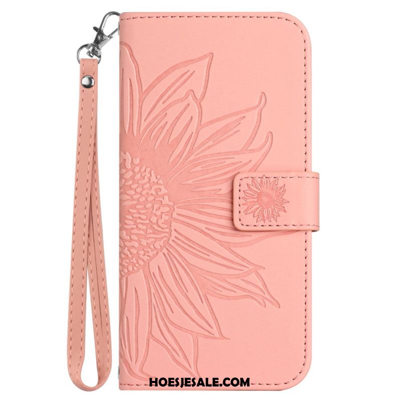 Leren Hoesje iPhone 16 Pro Zonnebloemprint Met Riempje Bescherming Hoesje