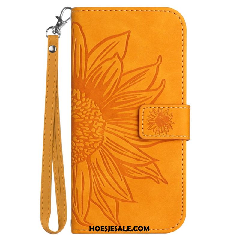 Leren Hoesje iPhone 16 Pro Zonnebloemprint Met Riempje Bescherming Hoesje