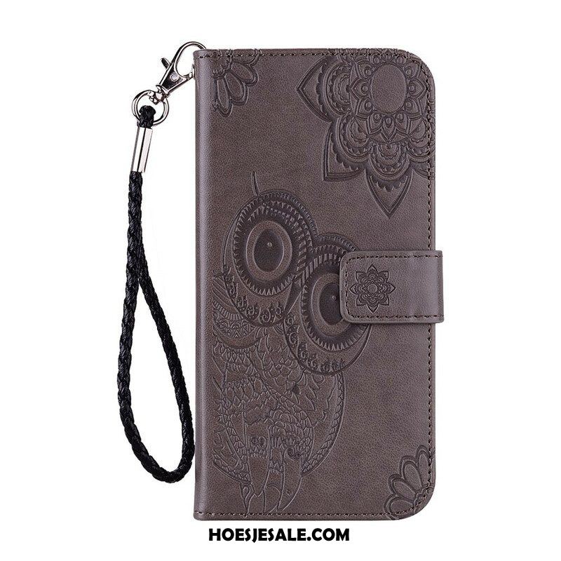 Leren Hoesje voor Samsung Galaxy S21 FE Uil Mandala En Lanyard