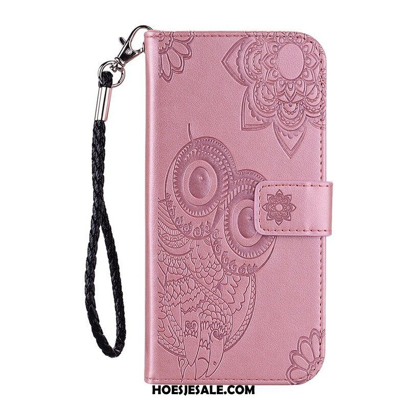 Leren Hoesje voor Samsung Galaxy S21 FE Uil Mandala En Lanyard