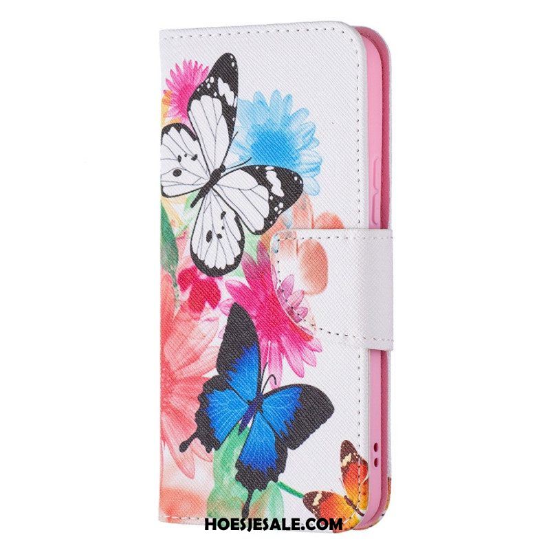 Leren Hoesje voor Samsung Galaxy S22 5G Geschilderde Vlinders En Bloemen