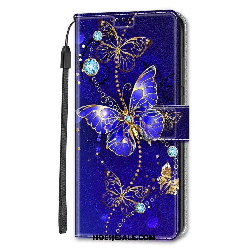 Leren Hoesje voor Samsung Galaxy S22 Ultra 5G Met Ketting Riem Vlinders Waaier