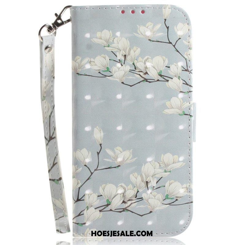 Leren Hoesje voor Xiaomi 12 / 12X Met Ketting Witte Bloemen Met Bandjes