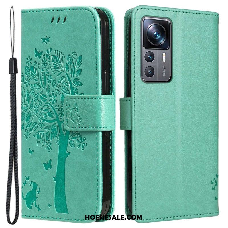 Leren Hoesje voor Xiaomi 12T / 12T Pro Met Ketting Kat Onder De String Tree